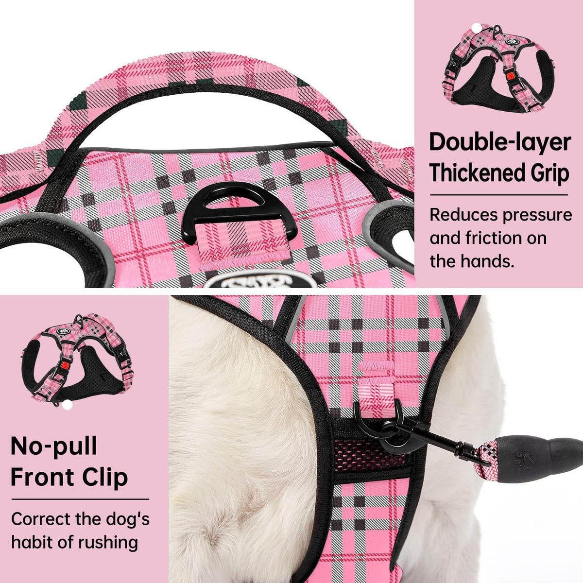 No Pull Dog Harness for Medium Dogs, Dog Vest Harness with Leash, Safety Belt and Storage Strap, Fully Adjustable Harness, 360° Reflective Strip, Soft Handle (Purple, M)
