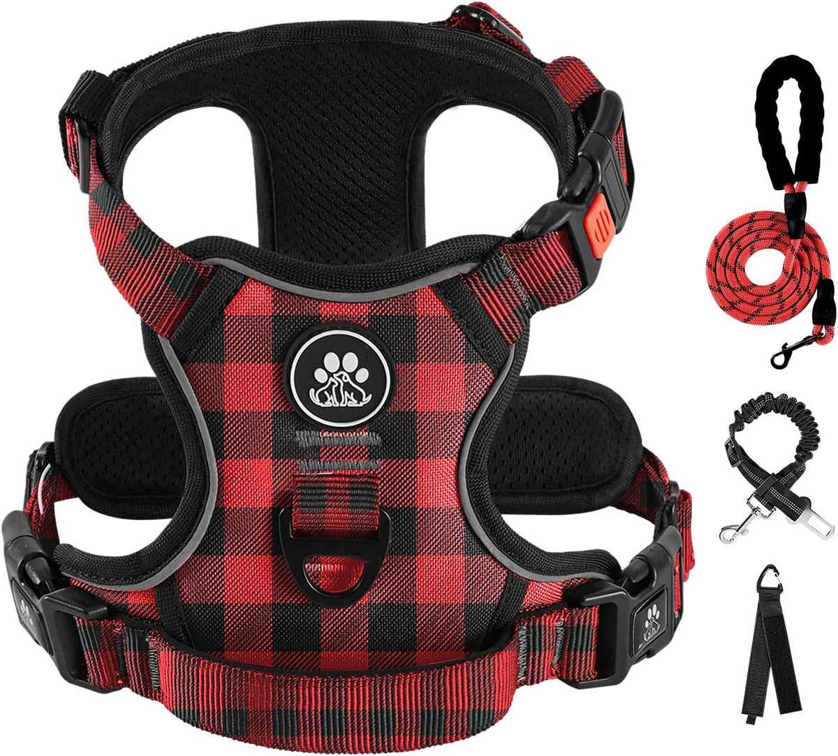 No Pull Dog Harness for Medium Dogs, Dog Vest Harness with Leash, Safety Belt and Storage Strap, Fully Adjustable Harness, 360° Reflective Strip, Soft Handle (Purple, M)