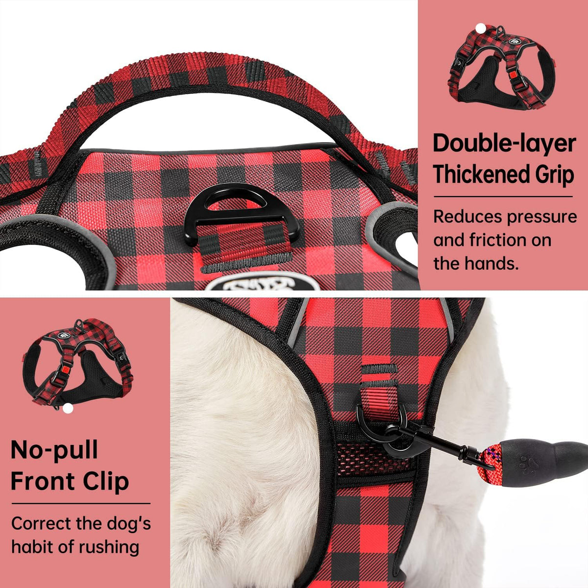 No Pull Dog Harness for Medium Dogs, Dog Vest Harness with Leash, Safety Belt and Storage Strap, Fully Adjustable Harness, 360° Reflective Strip, Soft Handle (Purple, M)