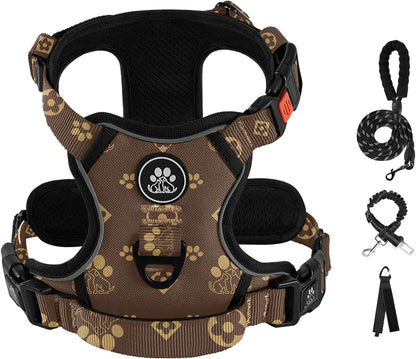 No Pull Dog Harness for Medium Dogs, Dog Vest Harness with Leash, Safety Belt and Storage Strap, Fully Adjustable Harness, 360° Reflective Strip, Soft Handle (Purple, M)