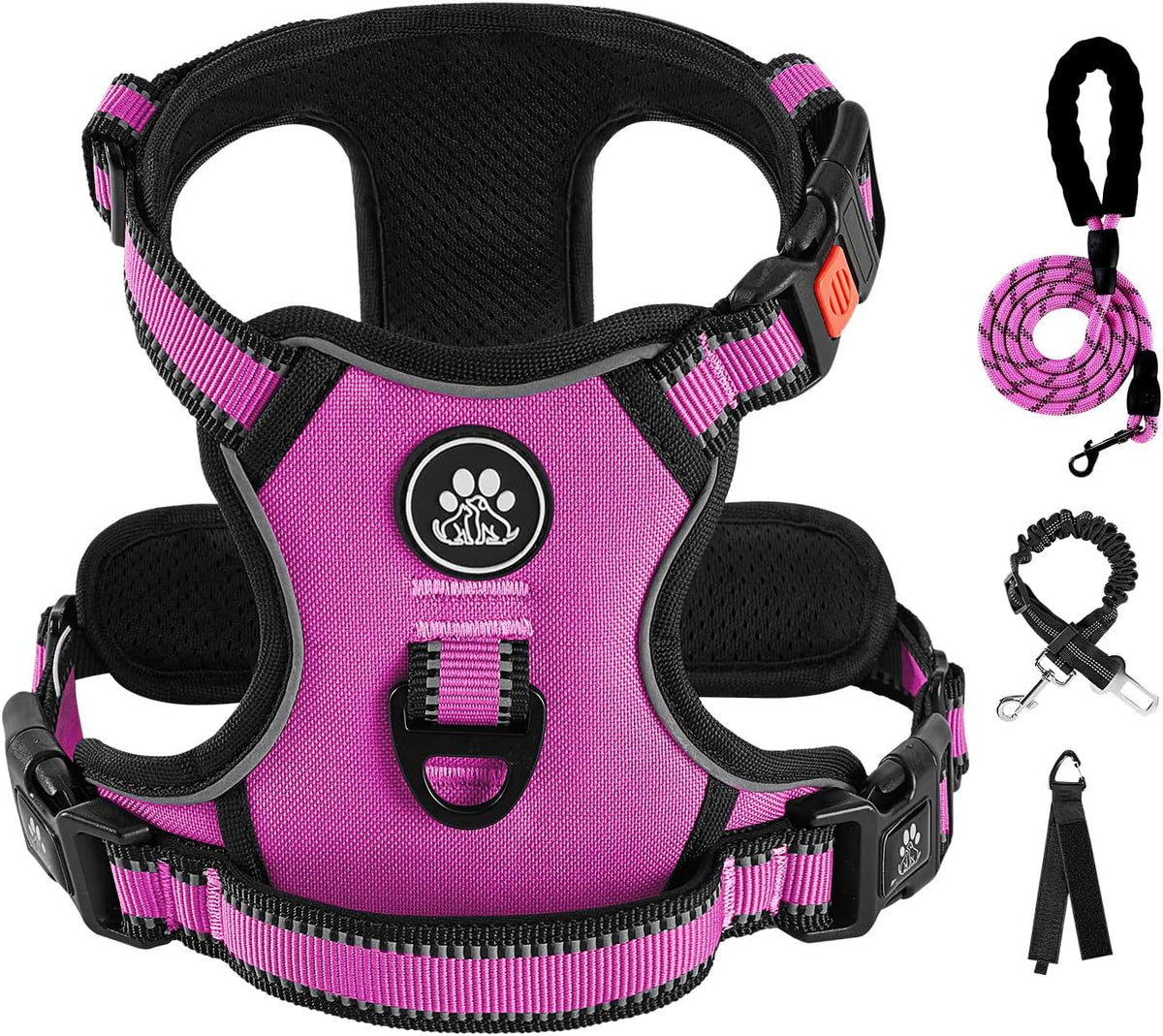 No Pull Dog Harness for Medium Dogs, Dog Vest Harness with Leash, Safety Belt and Storage Strap, Fully Adjustable Harness, 360° Reflective Strip, Soft Handle (Purple, M)