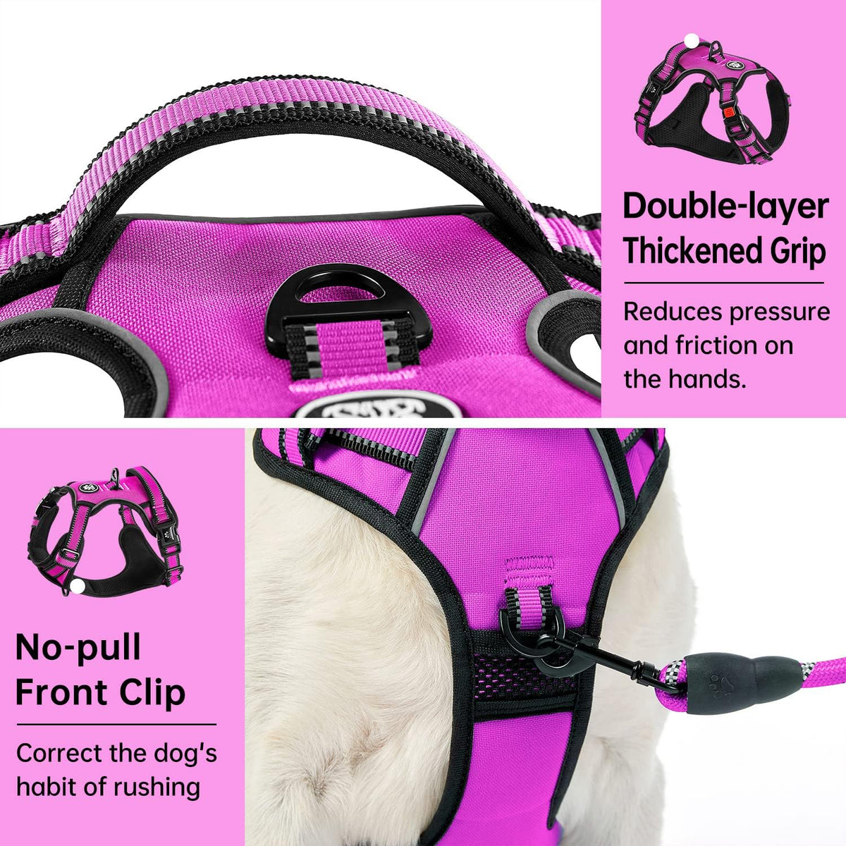 No Pull Dog Harness for Medium Dogs, Dog Vest Harness with Leash, Safety Belt and Storage Strap, Fully Adjustable Harness, 360° Reflective Strip, Soft Handle (Purple, M)