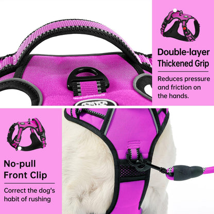 No Pull Dog Harness for Medium Dogs, Dog Vest Harness with Leash, Safety Belt and Storage Strap, Fully Adjustable Harness, 360° Reflective Strip, Soft Handle (Purple, M)