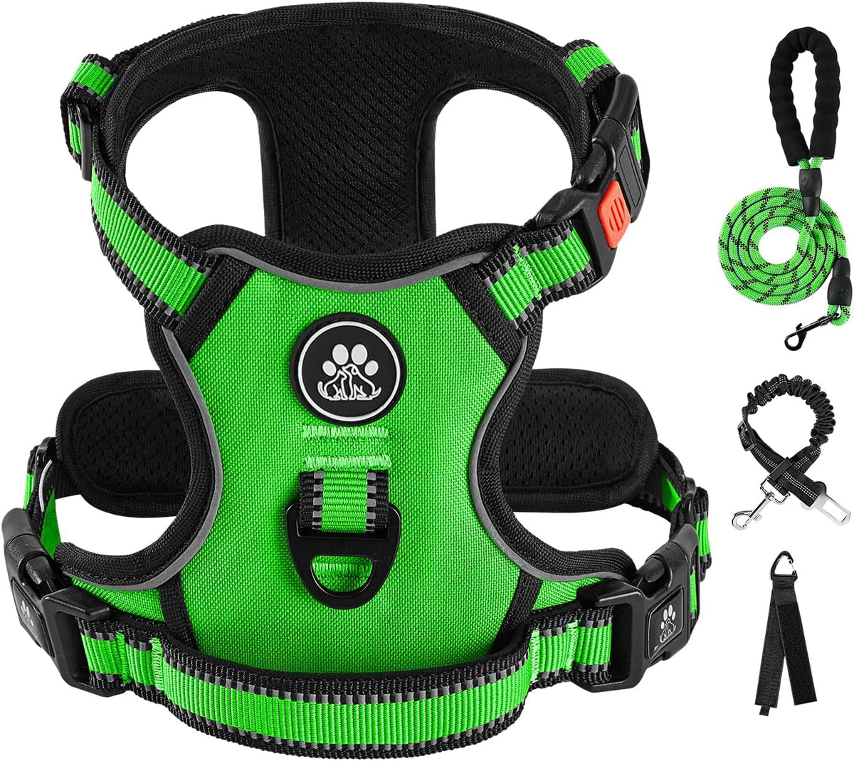 No Pull Dog Harness for Medium Dogs, Dog Vest Harness with Leash, Safety Belt and Storage Strap, Fully Adjustable Harness, 360° Reflective Strip, Soft Handle (Purple, M)