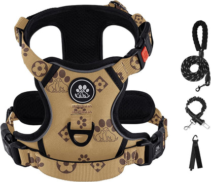 No Pull Dog Harness for Medium Dogs, Dog Vest Harness with Leash, Safety Belt and Storage Strap, Fully Adjustable Harness, 360° Reflective Strip, Soft Handle (Purple, M)