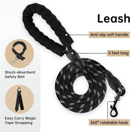 No Pull Dog Harness for Medium Dogs, Dog Vest Harness with Leash, Safety Belt and Storage Strap, Fully Adjustable Harness, 360° Reflective Strip, Soft Handle (Purple, M)