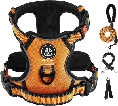 No Pull Dog Harness for Medium Dogs, Dog Vest Harness with Leash, Safety Belt and Storage Strap, Fully Adjustable Harness, 360° Reflective Strip, Soft Handle (Purple, M)