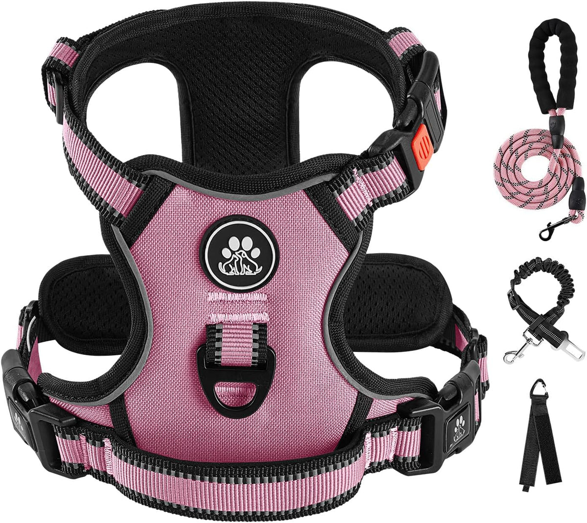 No Pull Dog Harness for Medium Dogs, Dog Vest Harness with Leash, Safety Belt and Storage Strap, Fully Adjustable Harness, 360° Reflective Strip, Soft Handle (Purple, M)