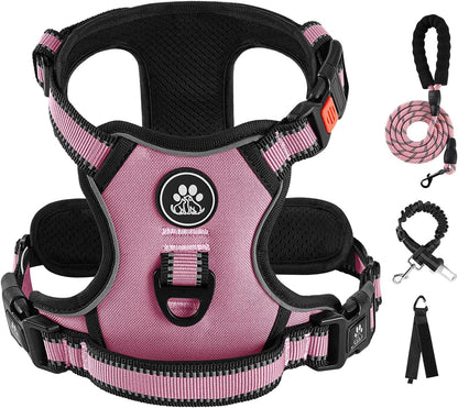 No Pull Dog Harness for Medium Dogs, Dog Vest Harness with Leash, Safety Belt and Storage Strap, Fully Adjustable Harness, 360° Reflective Strip, Soft Handle (Purple, M)