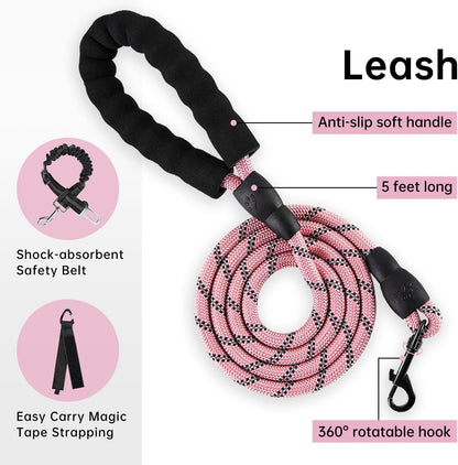 No Pull Dog Harness for Medium Dogs, Dog Vest Harness with Leash, Safety Belt and Storage Strap, Fully Adjustable Harness, 360° Reflective Strip, Soft Handle (Purple, M)