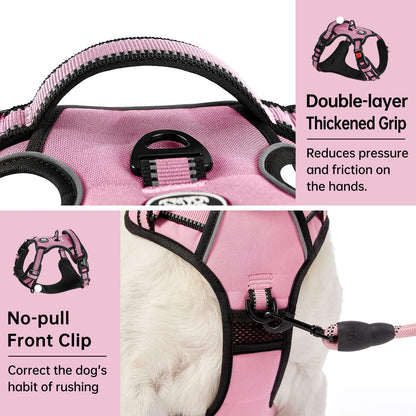No Pull Dog Harness for Medium Dogs, Dog Vest Harness with Leash, Safety Belt and Storage Strap, Fully Adjustable Harness, 360° Reflective Strip, Soft Handle (Purple, M)