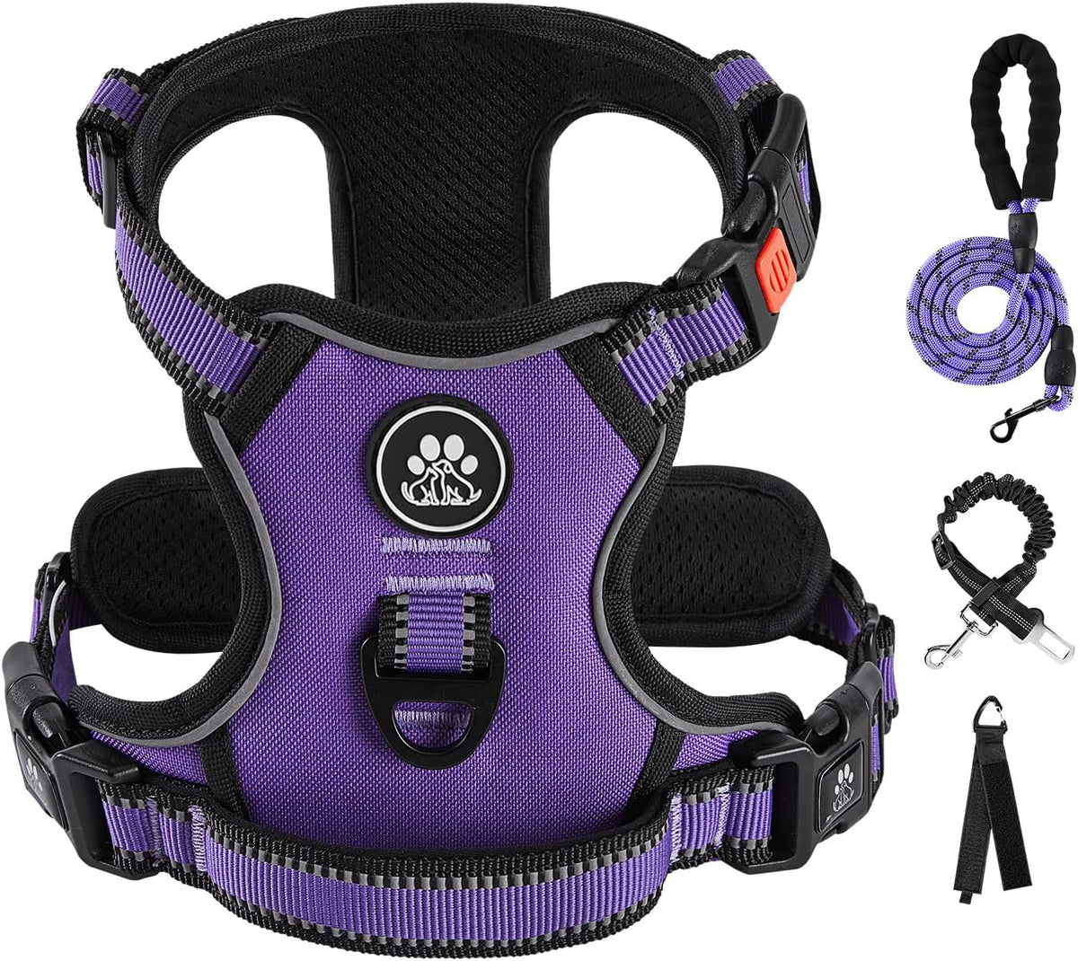 No Pull Dog Harness for Medium Dogs, Dog Vest Harness with Leash, Safety Belt and Storage Strap, Fully Adjustable Harness, 360° Reflective Strip, Soft Handle (Purple, M)