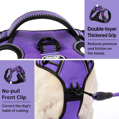 No Pull Dog Harness for Medium Dogs, Dog Vest Harness with Leash, Safety Belt and Storage Strap, Fully Adjustable Harness, 360° Reflective Strip, Soft Handle (Purple, M)