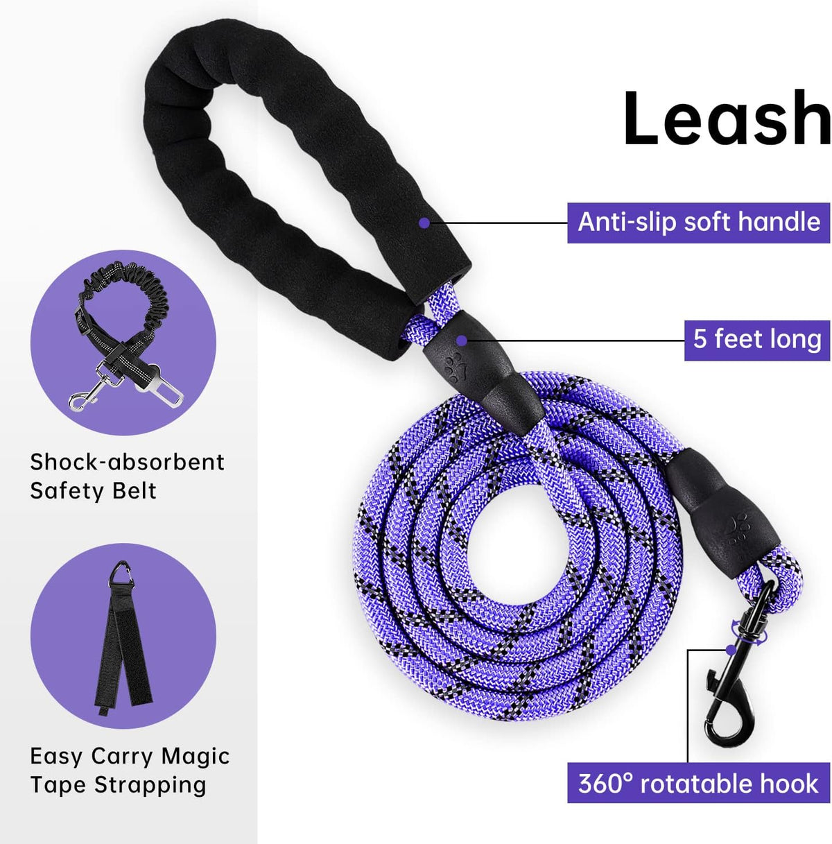 No Pull Dog Harness for Medium Dogs, Dog Vest Harness with Leash, Safety Belt and Storage Strap, Fully Adjustable Harness, 360° Reflective Strip, Soft Handle (Purple, M)