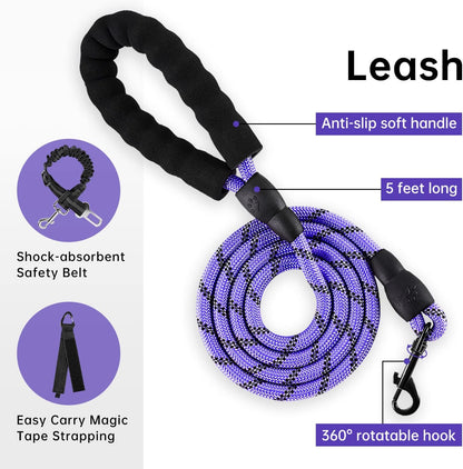 No Pull Dog Harness for Medium Dogs, Dog Vest Harness with Leash, Safety Belt and Storage Strap, Fully Adjustable Harness, 360° Reflective Strip, Soft Handle (Purple, M)