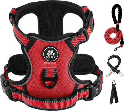 No Pull Dog Harness for Medium Dogs, Dog Vest Harness with Leash, Safety Belt and Storage Strap, Fully Adjustable Harness, 360° Reflective Strip, Soft Handle (Purple, M)
