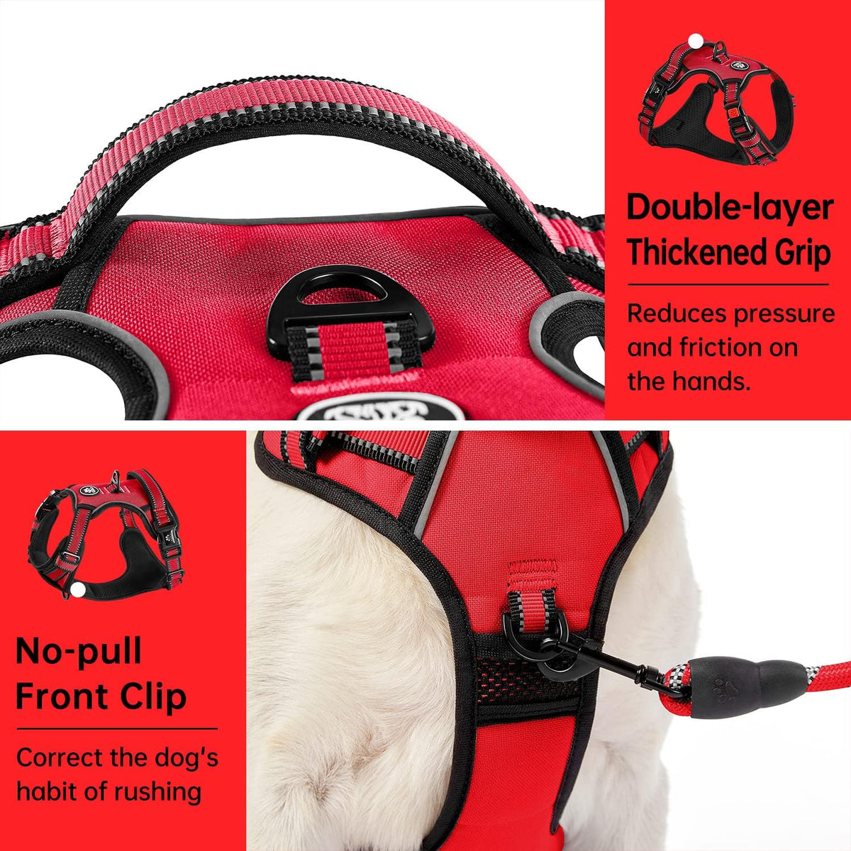 No Pull Dog Harness for Medium Dogs, Dog Vest Harness with Leash, Safety Belt and Storage Strap, Fully Adjustable Harness, 360° Reflective Strip, Soft Handle (Purple, M)
