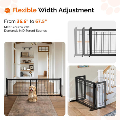 Free Standing Dog Gate, 39" - 68" Wide Pet Gate for Fireplace Stairs Doorways, Wooden Adjustable Pet Fence Indoor, Christmas Tree Gate (Cherry)