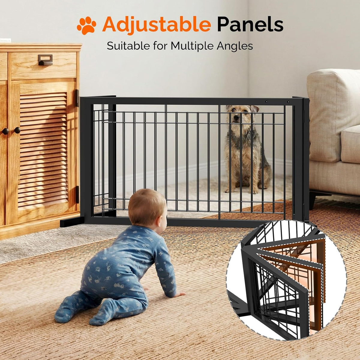 Free Standing Dog Gate, 39" - 68" Wide Pet Gate for Fireplace Stairs Doorways, Wooden Adjustable Pet Fence Indoor, Christmas Tree Gate (Cherry)