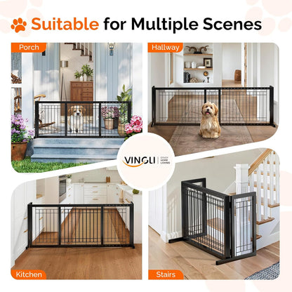 Free Standing Dog Gate, 39" - 68" Wide Pet Gate for Fireplace Stairs Doorways, Wooden Adjustable Pet Fence Indoor, Christmas Tree Gate (Cherry)