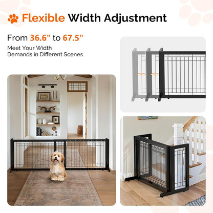 Free Standing Dog Gate, 39" - 68" Wide Pet Gate for Fireplace Stairs Doorways, Wooden Adjustable Pet Fence Indoor, Christmas Tree Gate (Cherry)