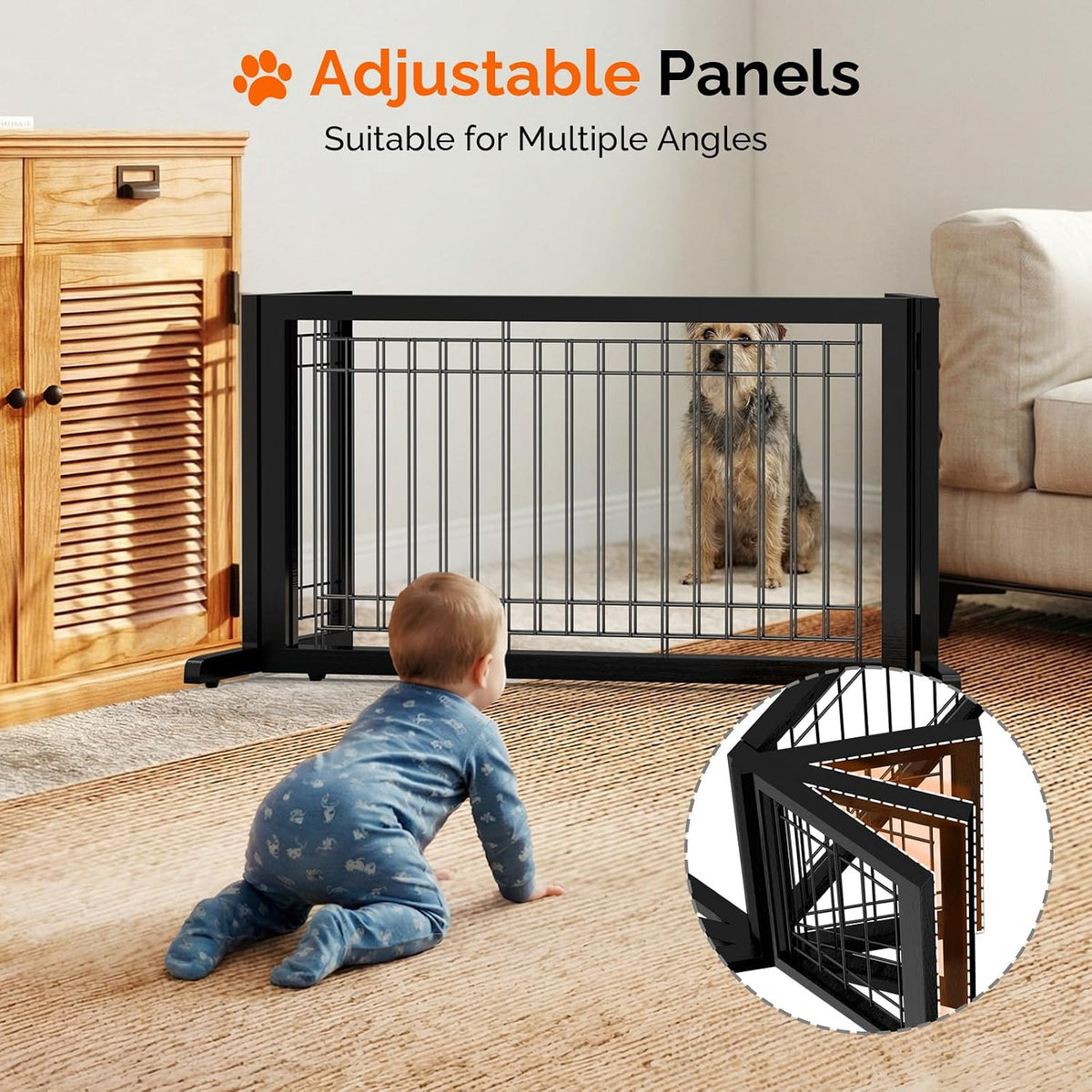 Free Standing Dog Gate, 39" - 68" Wide Pet Gate for Fireplace Stairs Doorways, Wooden Adjustable Pet Fence Indoor, Christmas Tree Gate (Cherry)