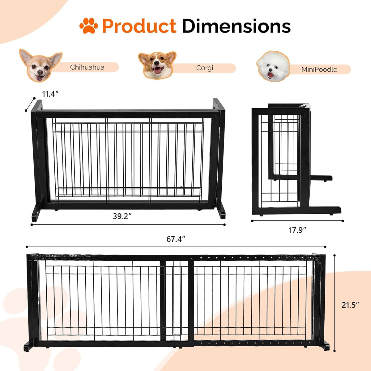 Free Standing Dog Gate, 39" - 68" Wide Pet Gate for Fireplace Stairs Doorways, Wooden Adjustable Pet Fence Indoor, Christmas Tree Gate (Cherry)