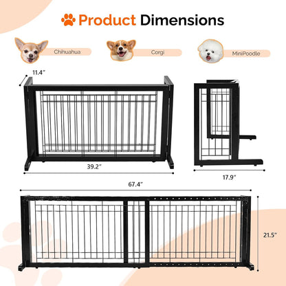 Free Standing Dog Gate, 39" - 68" Wide Pet Gate for Fireplace Stairs Doorways, Wooden Adjustable Pet Fence Indoor, Christmas Tree Gate (Cherry)
