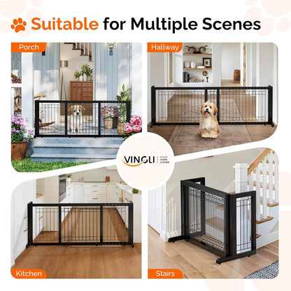 Free Standing Dog Gate, 39" - 68" Wide Pet Gate for Fireplace Stairs Doorways, Wooden Adjustable Pet Fence Indoor, Christmas Tree Gate (Cherry)