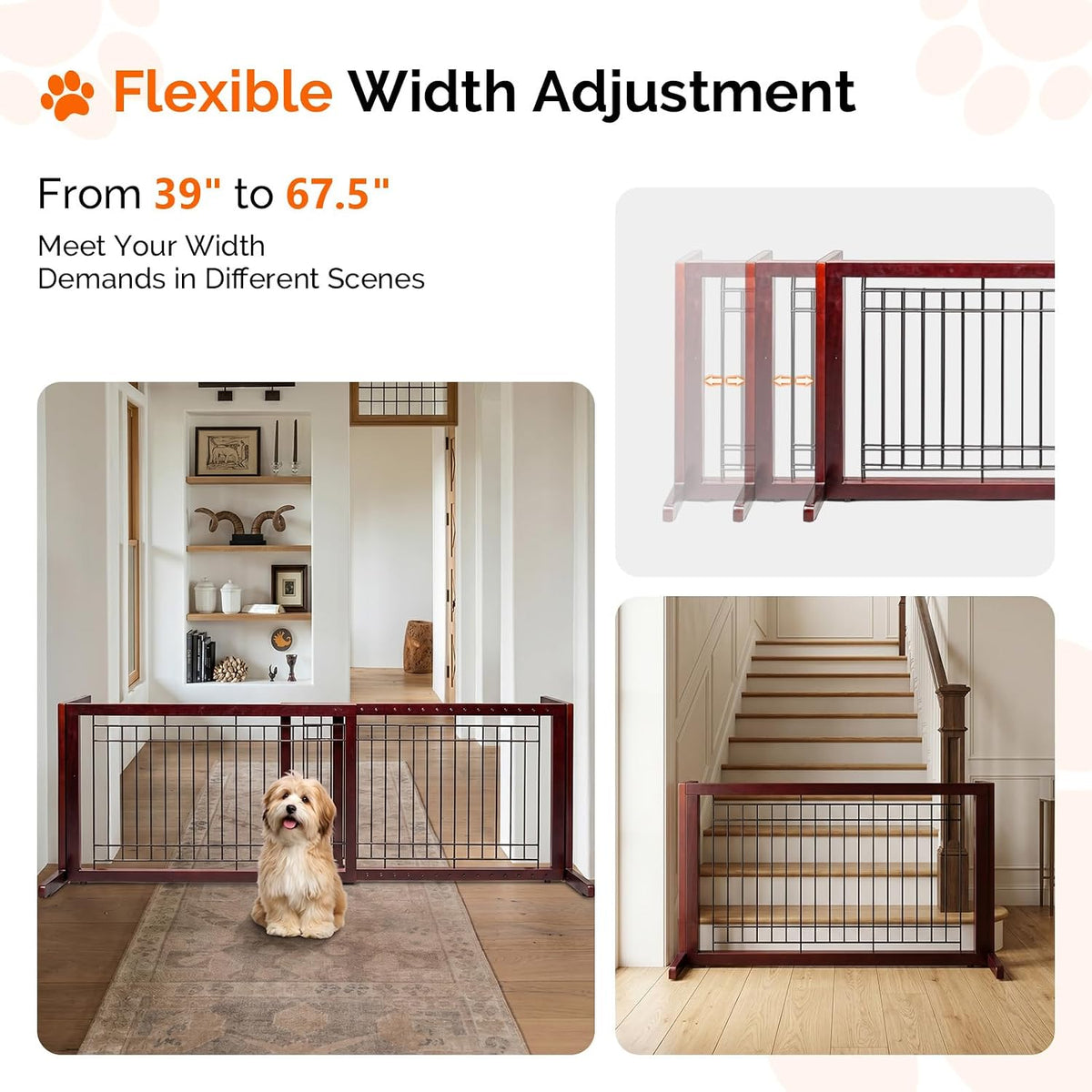 Free Standing Dog Gate, 39" - 68" Wide Pet Gate for Fireplace Stairs Doorways, Wooden Adjustable Pet Fence Indoor, Christmas Tree Gate (Cherry)