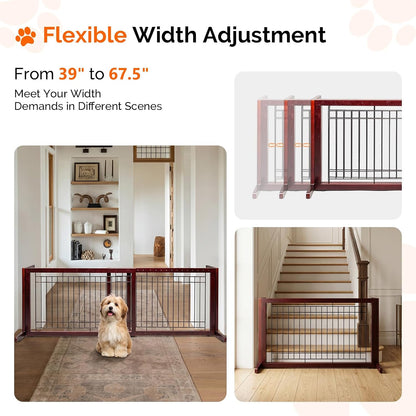 Free Standing Dog Gate, 39" - 68" Wide Pet Gate for Fireplace Stairs Doorways, Wooden Adjustable Pet Fence Indoor, Christmas Tree Gate (Cherry)