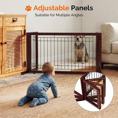 Free Standing Dog Gate, 39" - 68" Wide Pet Gate for Fireplace Stairs Doorways, Wooden Adjustable Pet Fence Indoor, Christmas Tree Gate (Cherry)