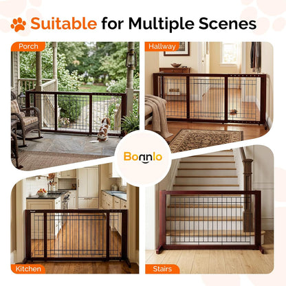 Free Standing Dog Gate, 39" - 68" Wide Pet Gate for Fireplace Stairs Doorways, Wooden Adjustable Pet Fence Indoor, Christmas Tree Gate (Cherry)