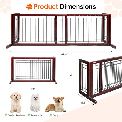 Free Standing Dog Gate, 39" - 68" Wide Pet Gate for Fireplace Stairs Doorways, Wooden Adjustable Pet Fence Indoor, Christmas Tree Gate (Cherry)