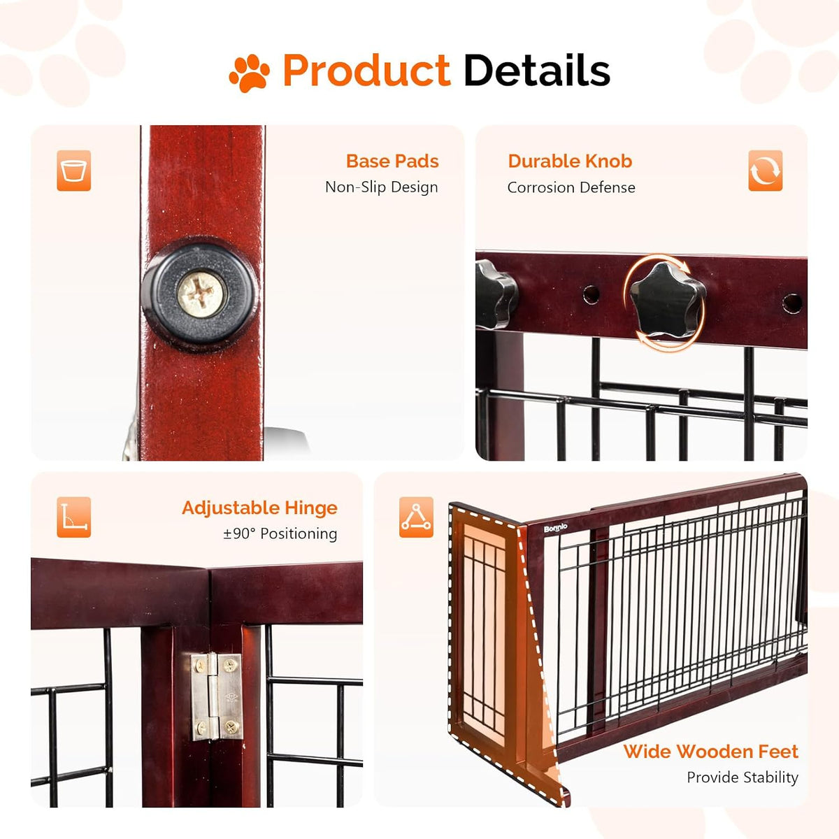 Free Standing Dog Gate, 39" - 68" Wide Pet Gate for Fireplace Stairs Doorways, Wooden Adjustable Pet Fence Indoor, Christmas Tree Gate (Cherry)