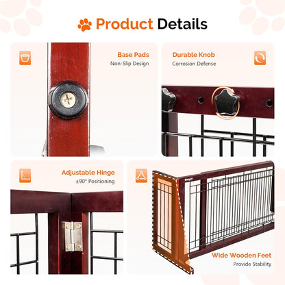Free Standing Dog Gate, 39" - 68" Wide Pet Gate for Fireplace Stairs Doorways, Wooden Adjustable Pet Fence Indoor, Christmas Tree Gate (Cherry)