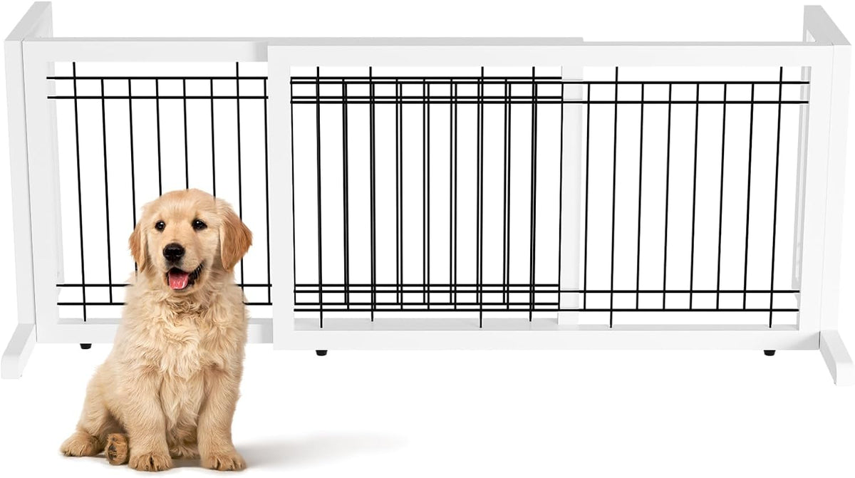 Free Standing Dog Gate, 39" - 68" Wide Pet Gate for Fireplace Stairs Doorways, Wooden Adjustable Pet Fence Indoor, Christmas Tree Gate (Cherry)