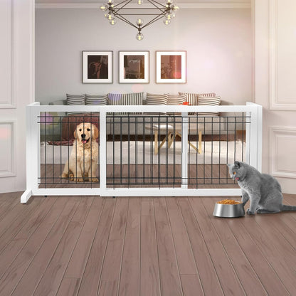 Free Standing Dog Gate, 39" - 68" Wide Pet Gate for Fireplace Stairs Doorways, Wooden Adjustable Pet Fence Indoor, Christmas Tree Gate (Cherry)