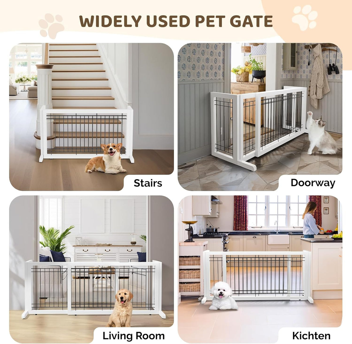 Free Standing Dog Gate, 39" - 68" Wide Pet Gate for Fireplace Stairs Doorways, Wooden Adjustable Pet Fence Indoor, Christmas Tree Gate (Cherry)