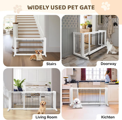Free Standing Dog Gate, 39" - 68" Wide Pet Gate for Fireplace Stairs Doorways, Wooden Adjustable Pet Fence Indoor, Christmas Tree Gate (Cherry)