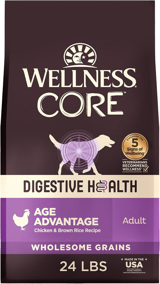 Wellness CORE Digestive Health Age Advantage Senior Dry Dog Food, Wholesome Grain Kibble, Sensitive Stomach, Natural, High Protein, Chicken and Brown Rice Recipe, 24 lb Bag