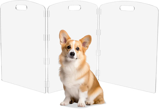 Modern Frame Clear Acrylic Freestanding Dog Gate - 32" Tall Folding 3-Panel Pet Barrier for Doorways, Stairs & Large Openings, Indoor Fence for Small to Large Dogs & Cats