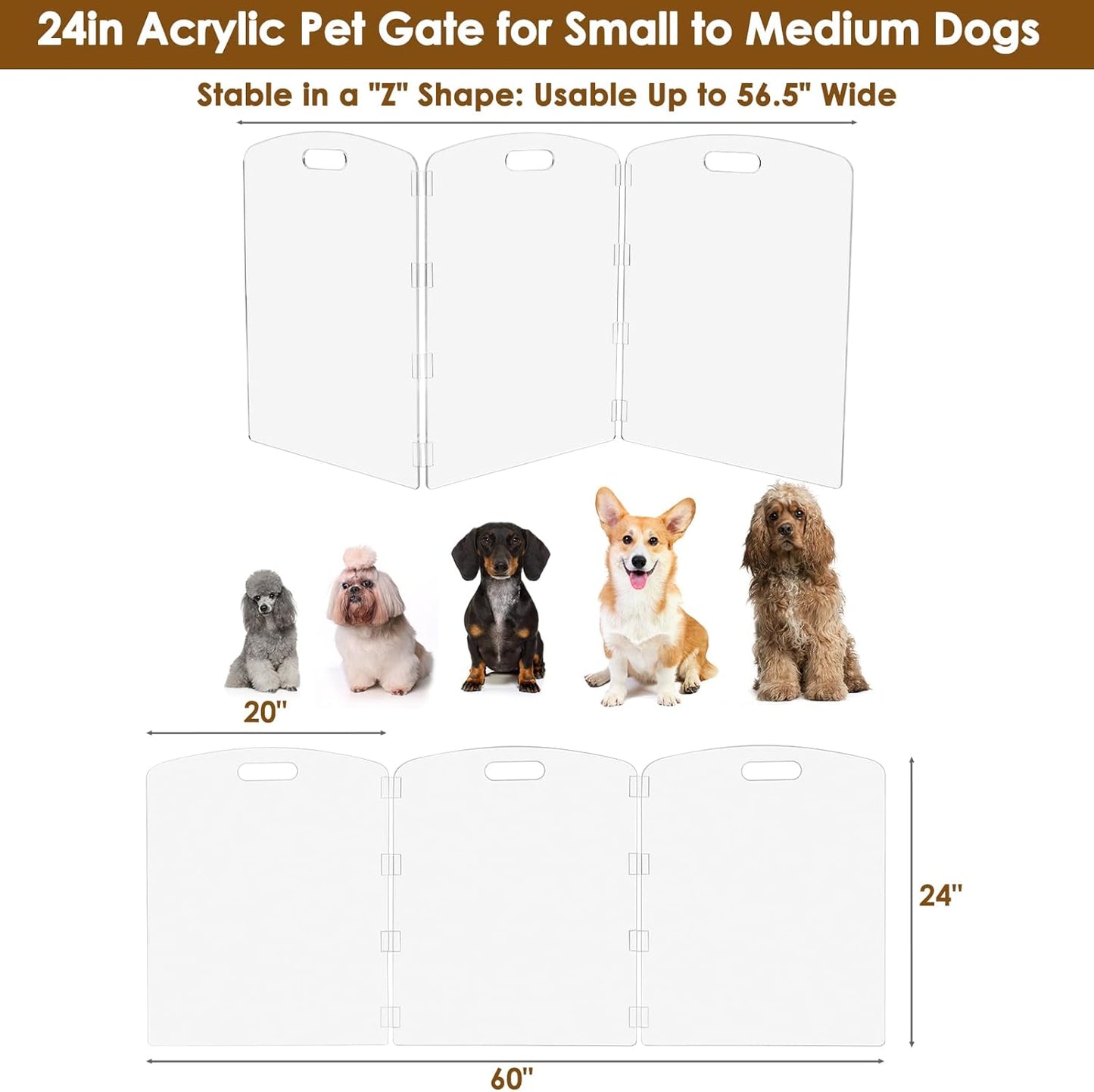 Modern Frame Clear Acrylic Freestanding Dog Gate - 32" Tall Folding 3-Panel Pet Barrier for Doorways, Stairs & Large Openings, Indoor Fence for Small to Large Dogs & Cats