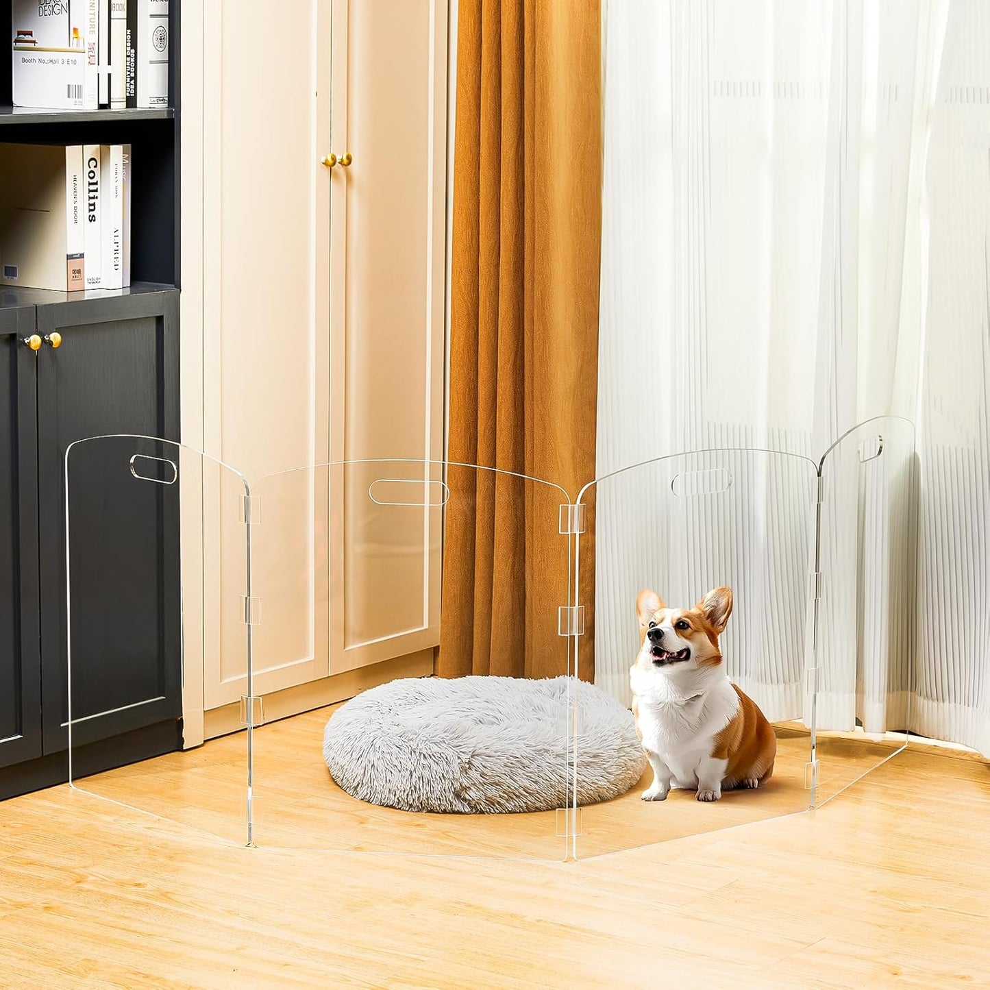 Modern Frame Clear Acrylic Freestanding Dog Gate - 32" Tall Folding 3-Panel Pet Barrier for Doorways, Stairs & Large Openings, Indoor Fence for Small to Large Dogs & Cats