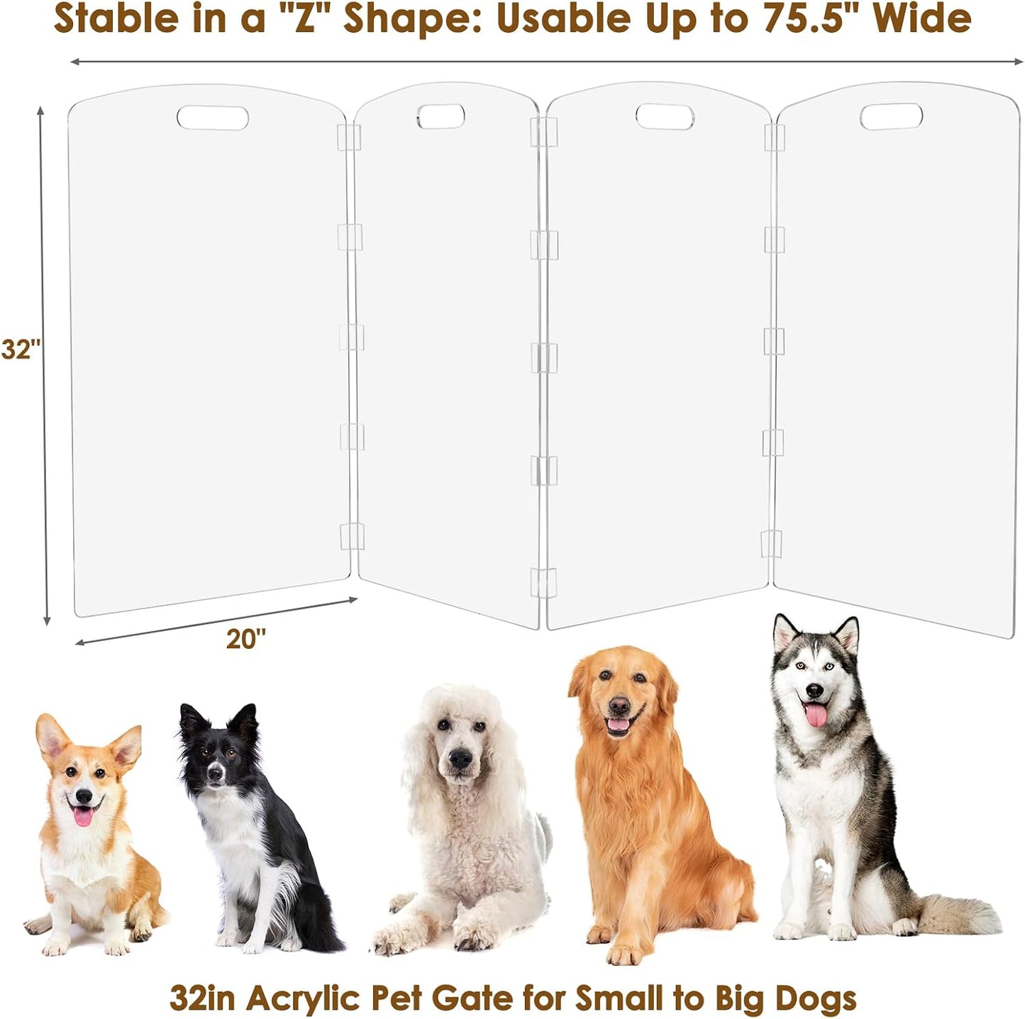 Modern Frame Clear Acrylic Freestanding Dog Gate - 32" Tall Folding 3-Panel Pet Barrier for Doorways, Stairs & Large Openings, Indoor Fence for Small to Large Dogs & Cats
