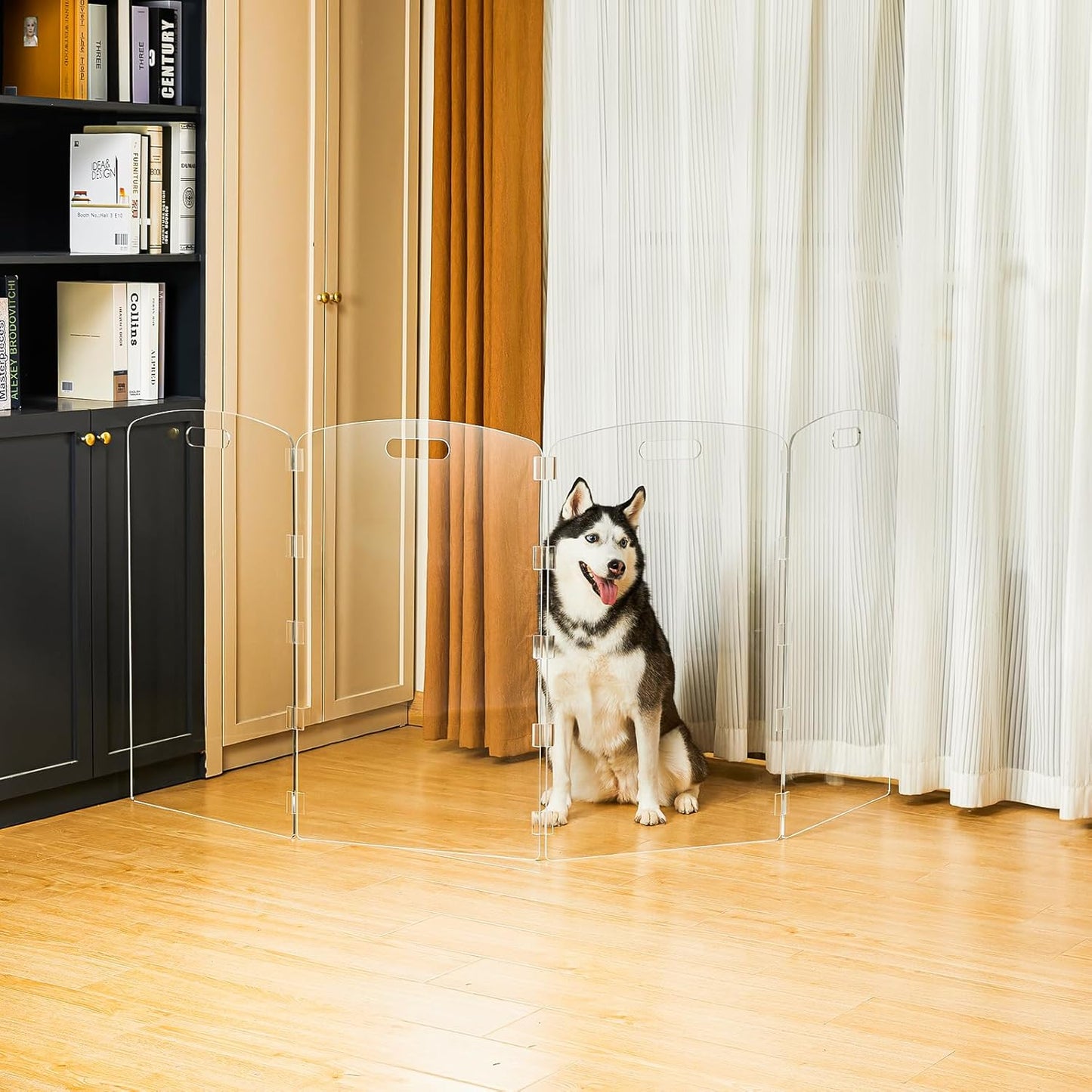 Modern Frame Clear Acrylic Freestanding Dog Gate - 32" Tall Folding 3-Panel Pet Barrier for Doorways, Stairs & Large Openings, Indoor Fence for Small to Large Dogs & Cats