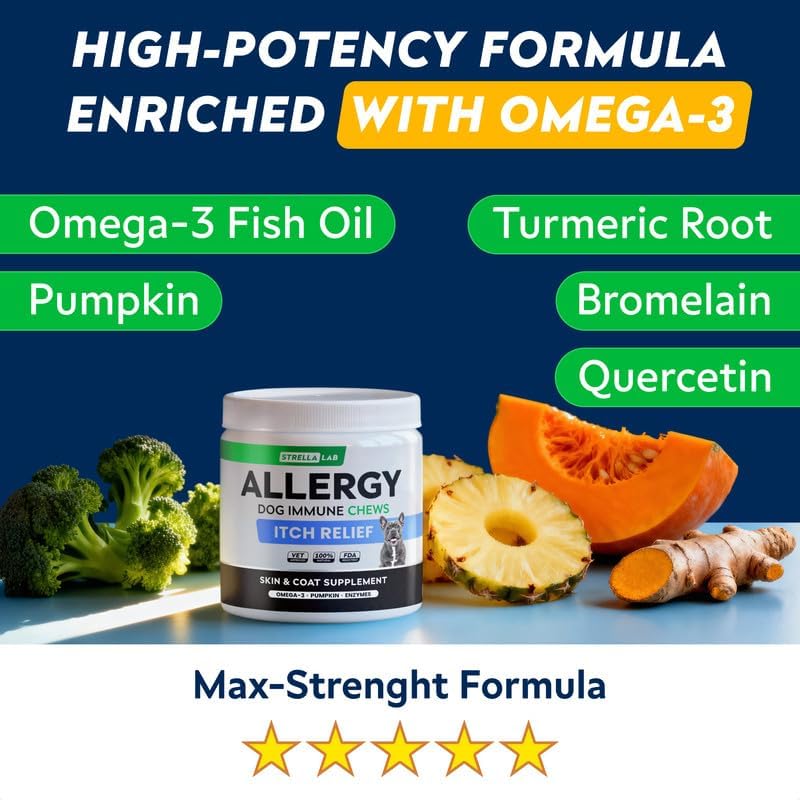Dog Allergy & Itching Relief - Anti Itch, Skin&Coat Support Chews w/Omega 3