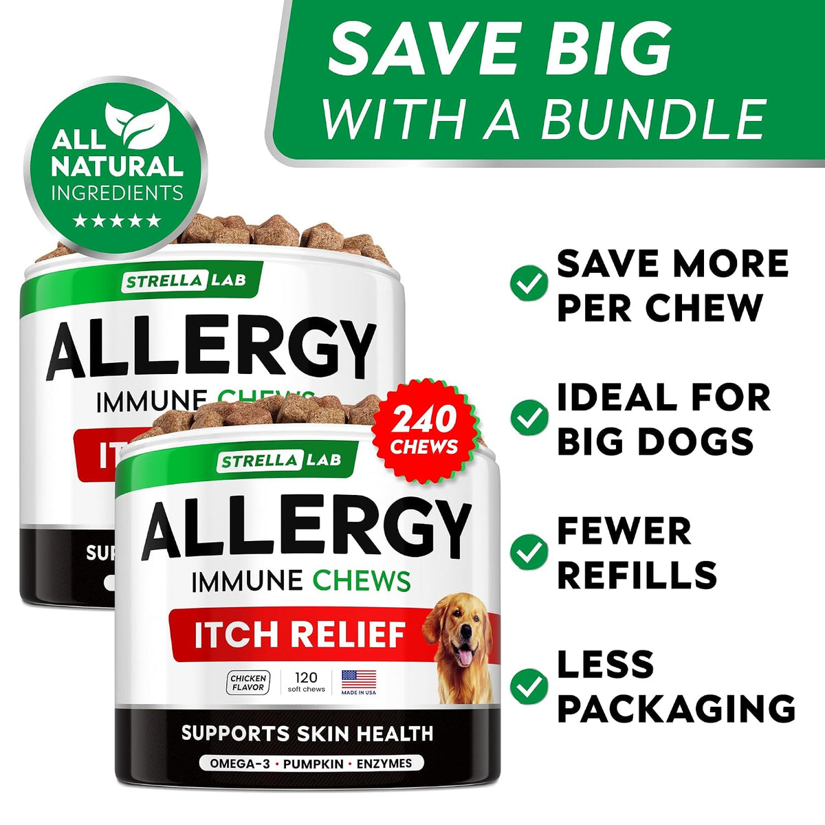 Dog Allergy & Itching Relief - Anti Itch, Skin&Coat Support Chews w/Omega 3