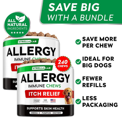 Dog Allergy & Itching Relief - Anti Itch, Skin&Coat Support Chews w/Omega 3