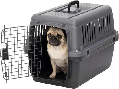 SportPet Airline Compliant LARGE 31.5" Travel Dog Kennel-Durable Plastic Airline Pet Carrier w/ Removable Wheels & Food Bowls, Collapsible Indoor/Outdoor Dog Kennel, Dogs up to 28"L & 20"H-Cream/Gray